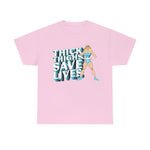 Baby Blue Logo Thick Thighs Save Lives Tee